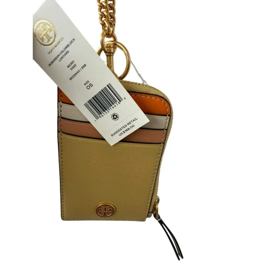 NWT Tory Burch Robinson Colorblock Lanyard Card Holder Beeswax Women's One Size - Picture 6 of 8